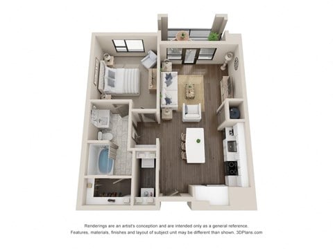 Floor plan for 1 bed, 1 bath, 804 sqft